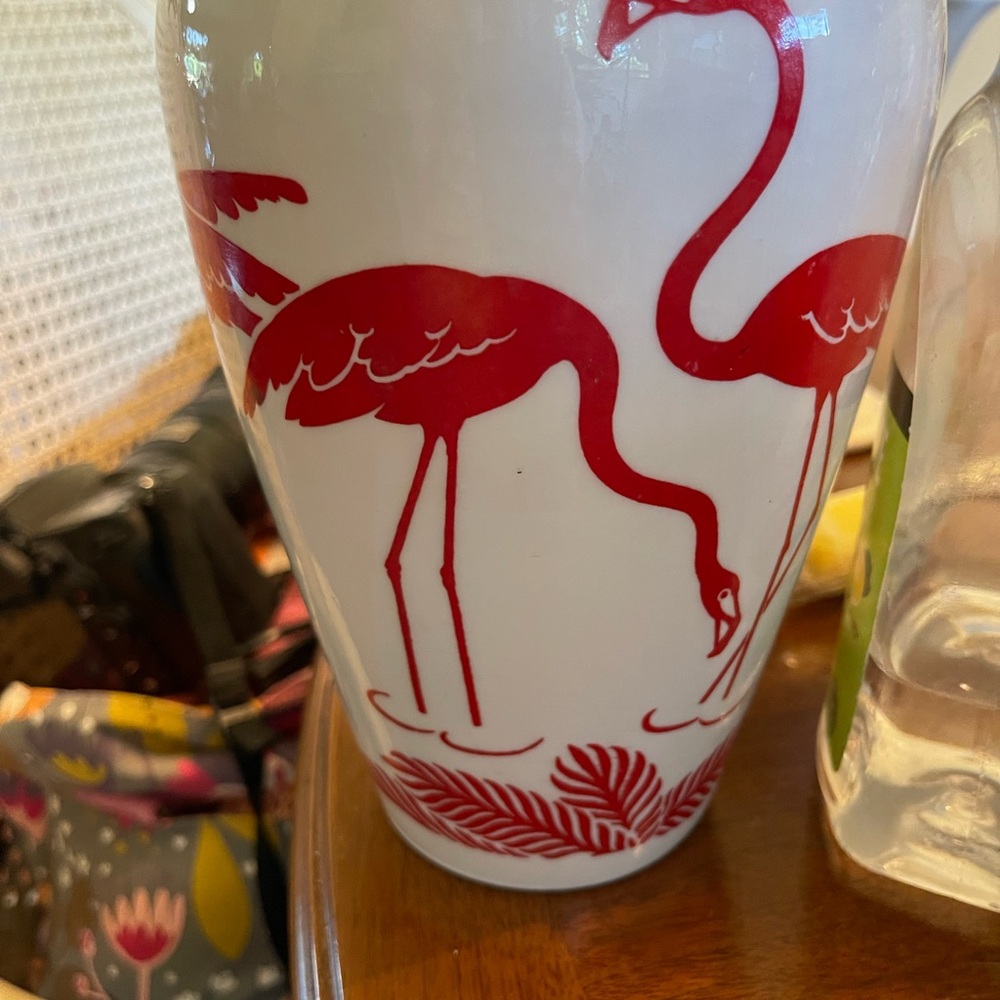 White Vase with Red Flamingo Design